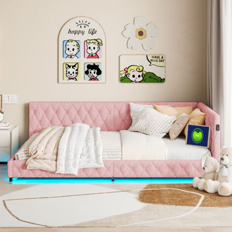 Canapé-lit 140200cm, lumière ambiante 16 couleurs, port USB, lit moelleux, lit multifonctionnel, lit d'appoint, lit jeune, sommier à lattes, matelas non inclus,rose