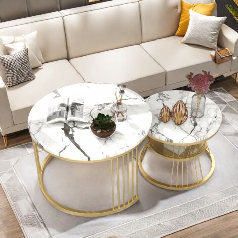 Table basse ronde, lot de 2, table basse moderne, table d'appoint pour salon, table basse de bureau, cadre en métal, bureau blanc, cadre doré