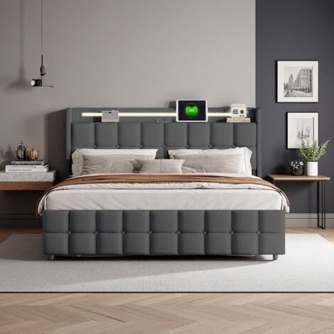 Lit coffre Lit double 160x200 Lit rembourré avec tête de lit LED et rangement hydraulique - Charge USB-C intégrée - bois et métal, tissu coton-Beige | Leroy Merlin