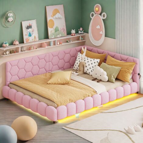 Canapé-lit 140 X 200cm, lumière ambiante 16 couleurs, port USB, lit moelleux, lit multifonctionnel, lit d'appoint, lit jeune, sommier à lattes, matelas non inclus, rose (1/5)