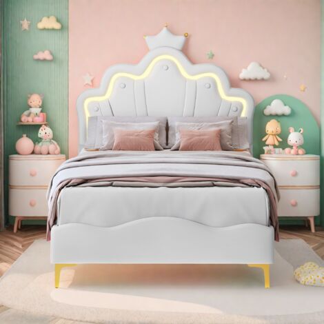 Lit enfant 90x200cm, lit enfant rembourré avec LED, cadre de lit simple, tête de lit réglable, cadre de lit avec tête de lit couronne et sommier à lattes, PU, blanc (1/5)