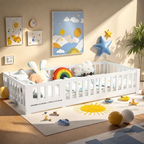 Lit évolutif bébé 90 x 200 cm – Pin massif blanc – Capacité 100 kg – Protection antichute pour sommeil sécurisé