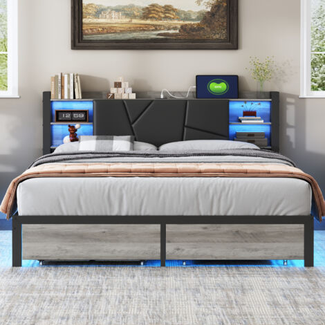 Lit tapissé 160 x 200 cm, 2 tiroirs, LED et USB, lit adulte, lit ado, tête de lit rangement, lit coffre, avec sommier à lattes métalliques, sans matelas, PU, noir (livraison locale)