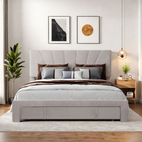 Lit tapissé 140 x 200 cm, grand tiroir au pied du lit, tête de lit réglable en hauteur, avec sommier à lattes, lit double, lit ado, flanelle, beige (livraison locale) (1/5)