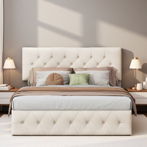 Lit hydraulique 160x200 cm, lit tapissé avec rangement, tête de lit réglable, avec sommier à lattes, sommier double, lit ado, beige (expédition depuis la France) (1/5)