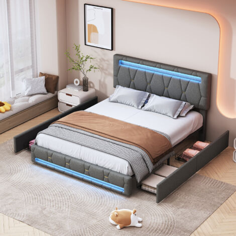 Lit rembourré 160x200cm avec 4 tiroirs, éclairage LED, tête de lit réglable, lit coffre, lit double, cadre de lit, lin, gris (livraison locale) (1/5)