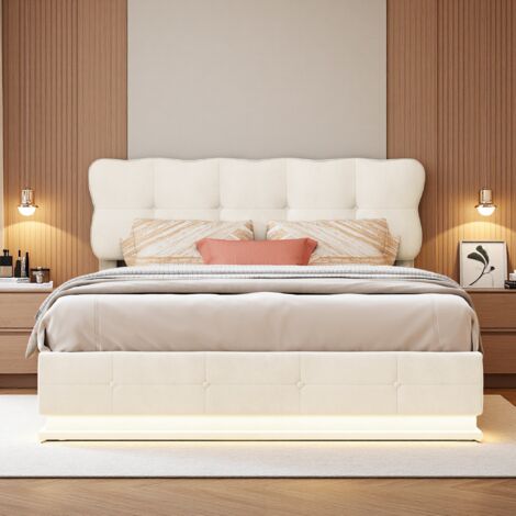 Lit coffre 160x200 cm, avec LED, matelas gonflable avec rangement, lit double, cadre de lit rembourré, velours, beige (livraison locale) (1/5)