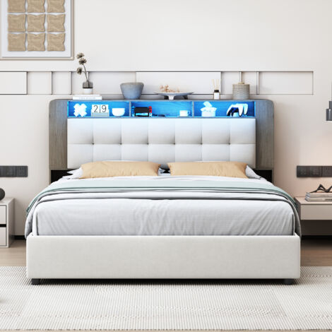 Lit double tapissé 160x200CM, tête de lit avec bande LED, usb et compartiment de rangement, lit coffre hydraulique, lit ado avec sommier à lattes en bois, matelas non inclus, velours, blanc (livraison (1/5)