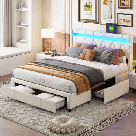 Lit capitonné 160 x 200 cm avec 4 tiroirs, tête de lit USB et LED, lit double, lit tiroir, lit fonctionnel en lin, beige (livraison locale) (1/5)