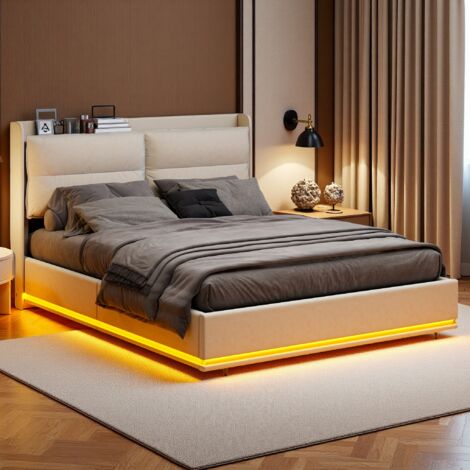 Cadre de lit LED rembourré 160 x 200 cm avec éclairage LED et dossier, lit coffre hydraulique, sommier à lattes en bois, lit double, cadre de lit flottant, flanelle, beige (livraison locale, garantie  (1/5)