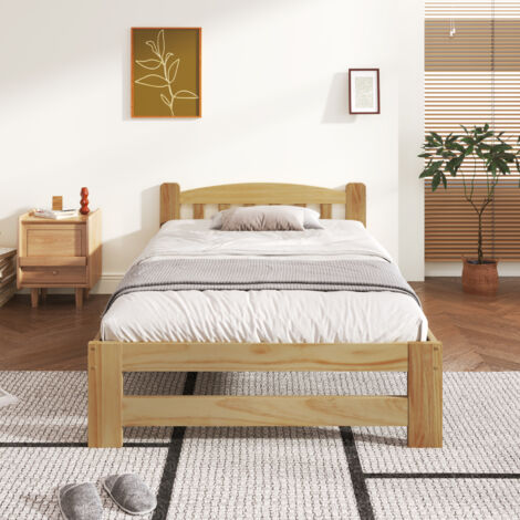 Lit futon en bois massif 90 x 200 cm, lit simple, lit ado, lit en bois massif naturel avec tête de lit et sommier à lattes, couleur naturelle (livraison locale, garantie 2 ans) (1/5)