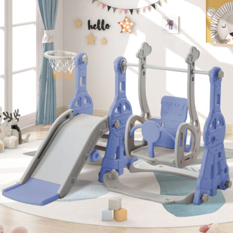 Toboggan pour enfants, toboggan pour enfants 4 en 1, balançoire + support de basket + échelle, adapté aux enfants de 1 à 3 ans, peut être utilisé à l'intérieur et à l'extérieur, bleu(livraison locale, (1/5)