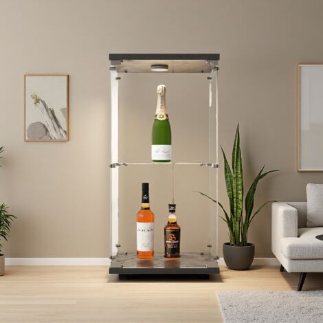 Vitrine/Bibliothèque 5 Étagères En Verre Avec Éclairage LED - 180 Cm De Haut - Noir & Chêne - OOIILLEE