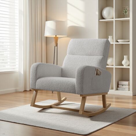 Fauteuil à bascule, fauteuil de relaxation, chaise ergonomique, tissu velours, pieds bois et métal, idéal pour le salon et la chambre, gris clair (Livraison locale, garantie 2 ans).