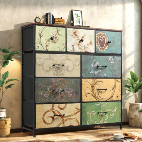 Commode, meuble TV, structure métallique, 9 tiroirs, tissu, tissu, motif floral vintage Tiroirs, plateau en bois, convient pour une chambre et un salon (100 x 30 x 100 cm). (1/5)