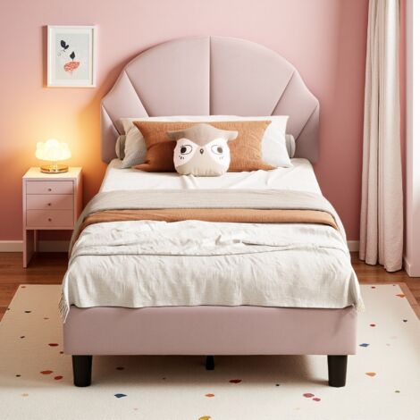 Lit enfant rembourré 90 x 200 cm, lit simple pour garçons et filles, lit adolescent, tête de lit réglable en hauteur, flanelle, rose (1/5)