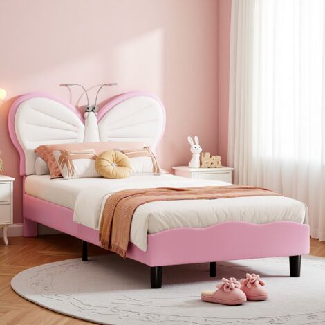 Lit enfant 90 x 200 cm, lit simple pour garçons et filles, lit jeune, tête de lit papillon avec lampe de lecture, réglable en hauteur, flanelle, blanc et rose