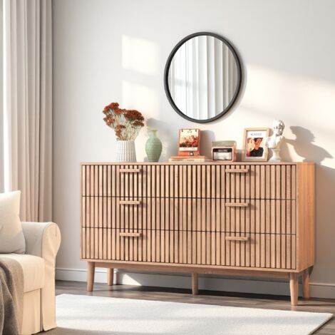 Commode pour chambre à coucher, 6 tiroirs, meuble de chambre couleur bois, meuble de rangement pour chambre à coucher en bois, pieds en bois massif, buffet pour bureau salon