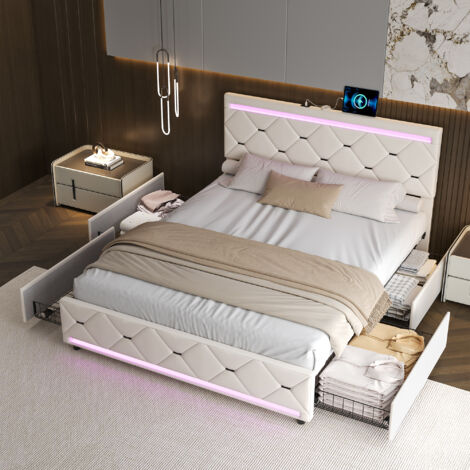 Lit double 140x190cm, avec 4 tiroirs, lit rembourré avec LED et port de charge, lit king-size, lit fonctionnel, velours beige (1/5)