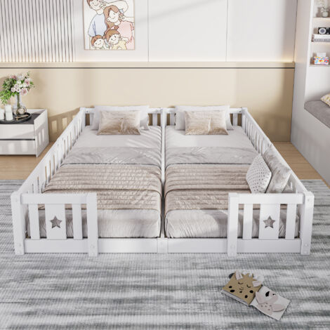 Lit bébé capitonné 90 x 200 cm avec barrières de sécurité, idéal pour les familles avec deux enfants, sommier à lattes, en pin, blanc (matelas non inclus, garantie 2 ans) (1/5)