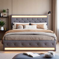 Lit rembourré 180 x 200 cm, avec LED, port de charge USB, tête de lit réglable, lit coffre avec 4 tiroirs, lit adulte/lit ado/lit double, avec sommier à lattes, lin, gris