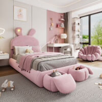 Lit enfant tapissé, 90 x 200 cm, lit simple, tête de lit oreilles de lapin, éclairage LED, deux tabourets de rangement, sommier à lattes en bois, velours, rose (livraison locale, garantie 2 ans)