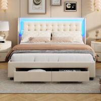 Lit tapissé 140 x 190 cm, Lit hydraulique, Tiroirs de rangement 2 en 1, Tête de lit avec bandes lumineuses LED, Lit double, Sommier à lattes en bois, velours, beige