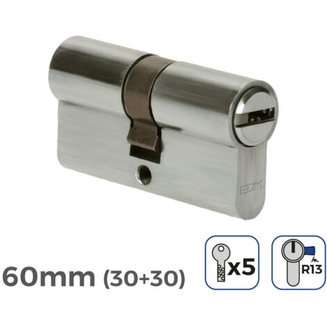 Cilindro 60mm (30+30mm) niquelado, leva corta r13 con 5 llaves seguridad incluidas