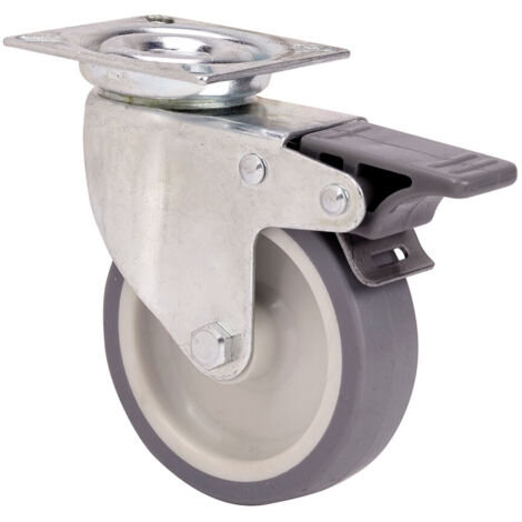 Rueda giratoria de goma con placa, eje liso y freno, color gris, carga máx. 50 kg, ø 6 cm (1/3)