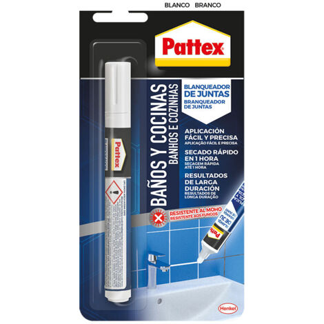 Pattex Baños Y Cocinas, rotulador blanqueador de juntas blanco, resistente al moho, aplicación fácil y precisa, 1 rotulador x 7ml
