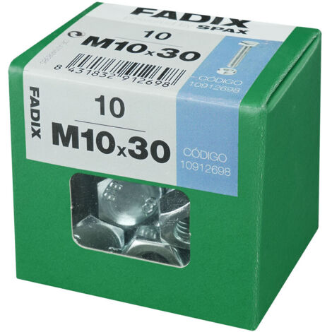 CAJA L 10 unid. TORNILLO METRICA CAB HEX+TUERCA CINC M 10x30mm FADIX (1/2)