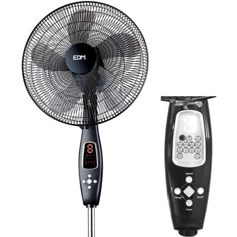Ventilador de pie con mando a distancia. color negro. potencia: 60w aspas: ø40cm altura regulable 110-130cm edm
