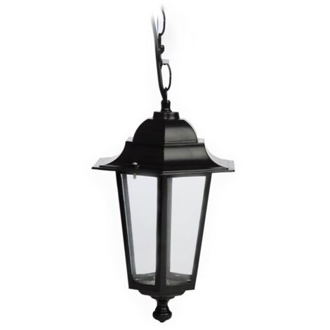 Farol de jardin de aluminio de 6 lados colgante / con cadena. E27, 60W. 230V. IP44. Uso externo. Negro.