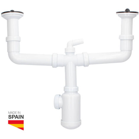 Sifón doble para fregadero con válvulas, doble racor extensible y toma auxiliar