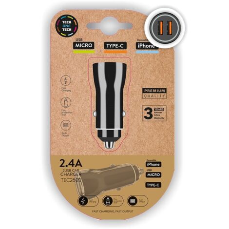 Cargador doble mechero coche Negro 2.4A 12W Tech One Tech (1/3)