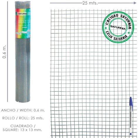 Malla Electrosoldada Galvanizada 13x13 / Altura 60 cm. Rollo 25 Metros. Uso Domestico