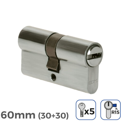 BOMBIN NIQUEL 60mm (30+30mm) LEVA LARGA R15 CON 5 LLAVES SEGURIDAD INCLUIDAS EDM (1/3)