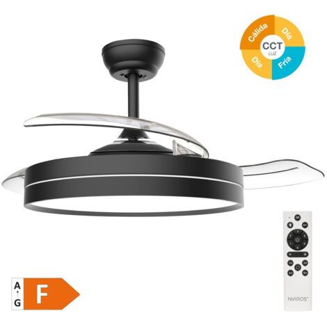 Ventilador techo Lugela con luz CCT regulable y mando Ø107 3 aspas retráctiless DC Negro