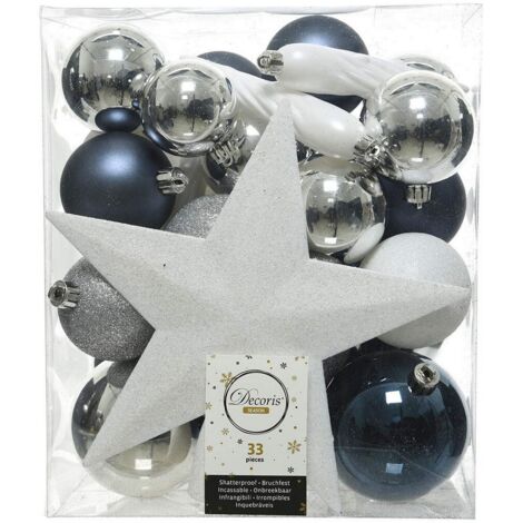 CAJA DE 33 ACCESORIOS PARA ARBOL AZUL, BLANCO Y PLATA (1/2)