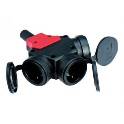 Adaptador con tapa de goma 3 tomas schuko 2p+t 16a 250v, ip54, negro, máx. 1,5 x 2,5 mm², blister
