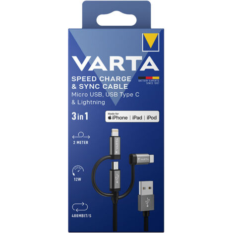 Varta cable, usb-a/micro/c/lightning, 3 en 1, 2m 12w, 480mbit/s, negro (1/3)