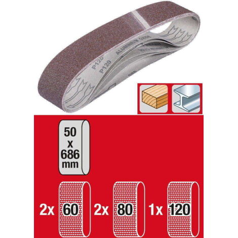 Jeu de 5 bandes abrasives 50x686 mm pour ponceuse d&039établi Einhell KWB - 1 Kg (1/5)