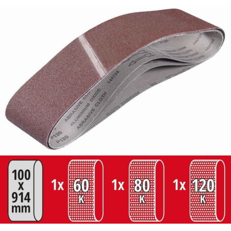 Jeu de 3 bandes abrasives KWB 100x915mm ponceuse d&039établi Einhell grain 60/80/120 - 1 Kg (1/5)