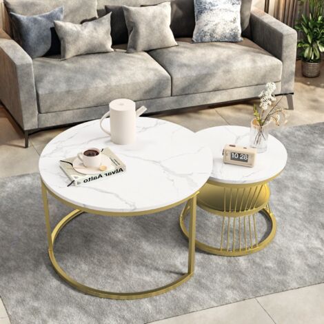 Modernes Satztisch-Set,2-teiliges Beistelltisch-Set,Goldrahmen,Tischplatte aus Marmorimitat, runde Couchtische, Satz-Beistelltische für Wohnzimmer, Büro (Typ B)