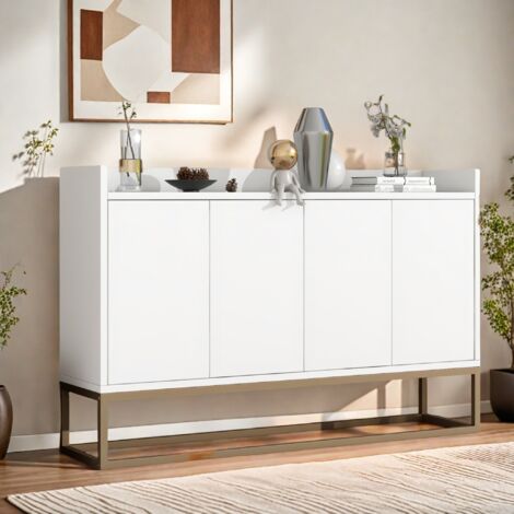 Minimalistisches Sideboard mit 4 Türen, Küchenschränke, verstellbare Regale, Lagerschrank, griffloser Buffetschrank für Esszimmer, Wohnzimmer, weiß