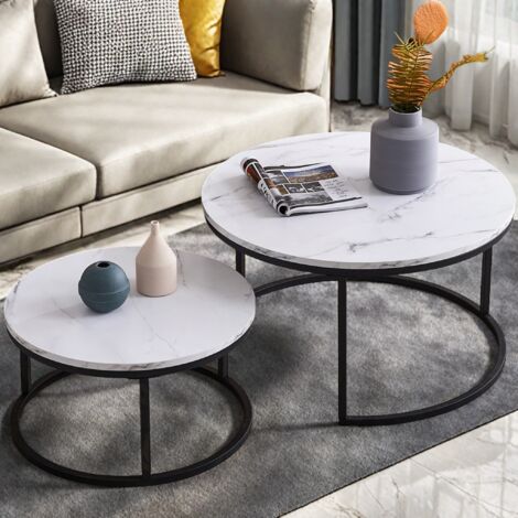 Runder Couchtisch, 2er-Set, Modernes Couchtisch-Set, Beistelltisch für Wohnzimmer, Büro-Couchtisch, Metallrahmen, Weißer Schreibtisch, Schwarzer Rahmen