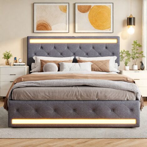 Polsterbett 180x200 cm, Doppelbett mit LED-Licht, Stauraumbett mit 4 Schubladen, Kopfteil mit USB-Anschluss, Erwachsenenbett, grau, Leinenmaterial (1/5)