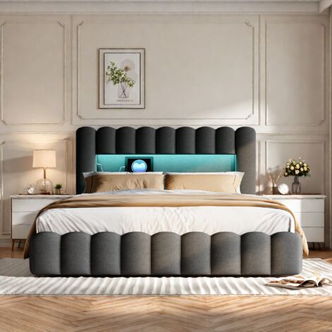 Polsterbett 140x200 cm, Eingebettete Matratze, Doppelbett mit weicher Rückenlehne, gepolsterter Rand, Kopfteil mit LED und USB-Anschluss, Leinen Grau (1/5)