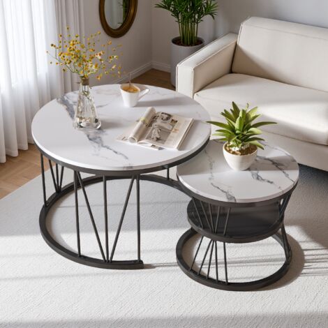 Modernes Couchtisch-Set, 2-teiliges Beistelltisch-Set, Tischplattenmuster aus Marmorimitat, runde Couchtische, Beistelltisch für Wohnzimmer, Büro, schwarzer Rahmen