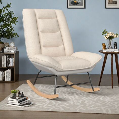 Schaukelstuhl, Schaukelstuhl, Loungesessel für Wohnzimmer, Büro, Balkon, verstellbare Rückenlehne, technischer Stoff, beige (1/5)